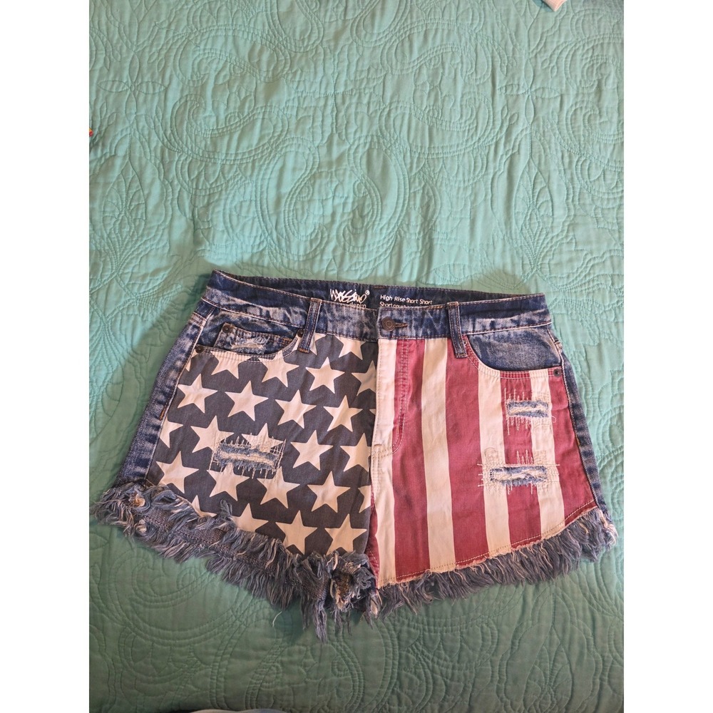 Mossimo High Rise Short Short Denim American Flag Stars Stripes Distressed 10/30
